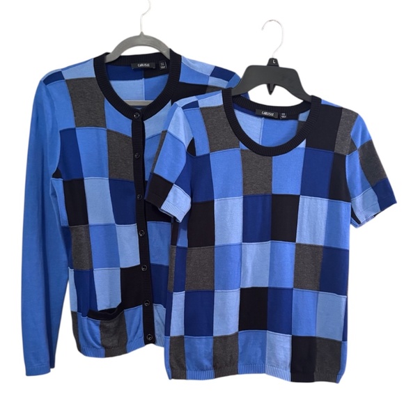 Carlisle Women’s Medium 2-Piece Cardigan Set Blue Gray Black Blocked Cotton - Picture 1 of 7